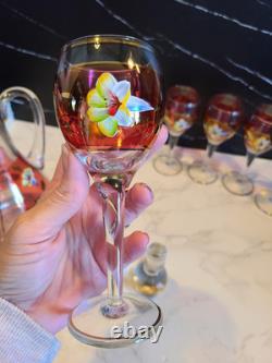 Vintage Floral Wine Glasses & Decanter, Bohemian Red & Gold Set of 6 MCM EUC