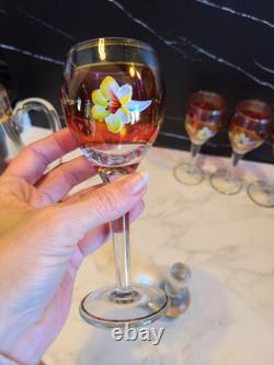 Vintage Floral Wine Glasses & Decanter, Bohemian Red & Gold Set of 6 MCM EUC