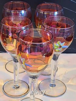 Vintage Floral Wine Glasses & Decanter, Bohemian Red & Gold Set of 6 MCM EUC