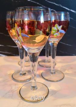 Vintage Floral Wine Glasses & Decanter, Bohemian Red & Gold Set of 6 MCM EUC