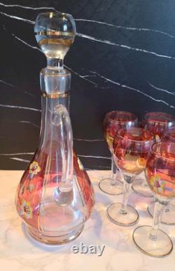 Vintage Floral Wine Glasses & Decanter, Bohemian Red & Gold Set of 6 MCM EUC