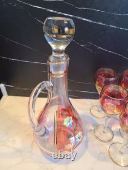 Vintage Floral Wine Glasses & Decanter, Bohemian Red & Gold Set of 6 MCM EUC