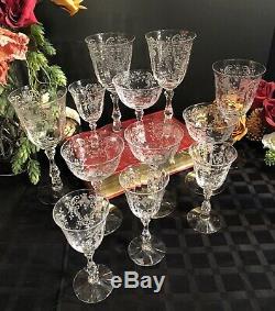 Vintage Fostoria Meadow Rose Crystal Glasses Water, Champagne, Wine 12 Pieces