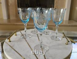 Vintage Fostoria Navarre Blue Large Claret Goblet Stem #6016 Etch #327 Set 4