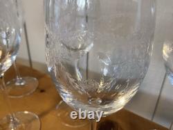 Vintage French Crystal Engraved Garland Wine Glasses Pristine Condition Set Of 6