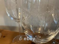 Vintage French Crystal Engraved Garland Wine Glasses Pristine Condition Set Of 6