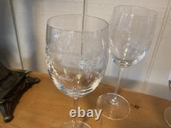 Vintage French Crystal Engraved Garland Wine Glasses Pristine Condition Set Of 6