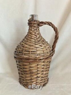 Vintage French Glass Demijohn Wine Bottle Wicker Rattan, 13 Tall