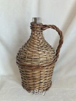 Vintage French Glass Demijohn Wine Bottle Wicker Rattan, 13 Tall