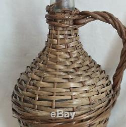 Vintage French Glass Demijohn Wine Bottle Wicker Rattan, 13 Tall