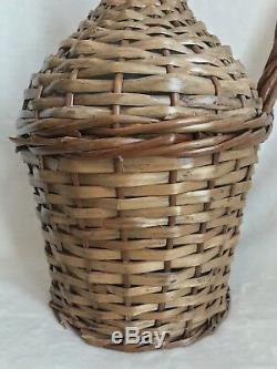 Vintage French Glass Demijohn Wine Bottle Wicker Rattan, 13 Tall