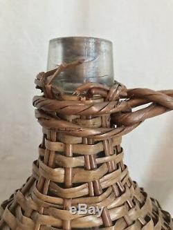 Vintage French Glass Demijohn Wine Bottle Wicker Rattan, 13 Tall