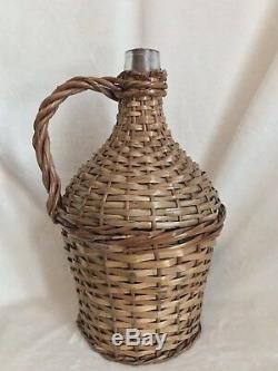 Vintage French Glass Demijohn Wine Bottle Wicker Rattan, 13 Tall