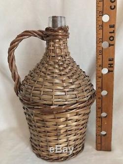 Vintage French Glass Demijohn Wine Bottle Wicker Rattan, 13 Tall