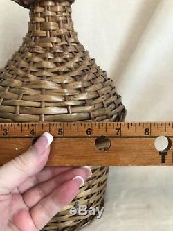 Vintage French Glass Demijohn Wine Bottle Wicker Rattan, 13 Tall