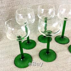 Vintage French Wine Glasses Set of 6 Mid Century Modern Green Stem Glass