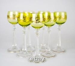 Vintage French or Bohemian Chartreuse Gold Encrusted Wine Goblets Air Twist Stem