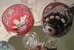 Vintage German Crystal Muli-color Set of 6 Wine Hock Goblets Glasses Bohemian