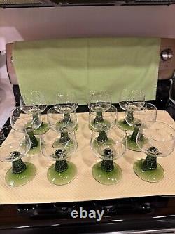 Vintage German Roemer wine/cordial glasses etched Grape Green Beehive Stem