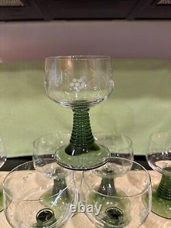 Vintage German Roemer wine/cordial glasses etched Grape Green Beehive Stem