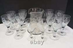 Vintage Glass Cornflower 12 Wine Goblets and Pitcher Smooth Stem Flower Leaves