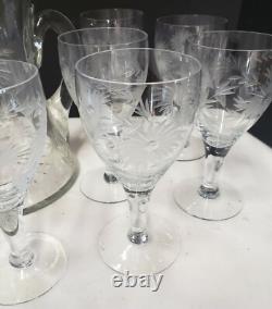 Vintage Glass Cornflower 12 Wine Goblets and Pitcher Smooth Stem Flower Leaves