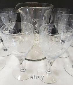 Vintage Glass Cornflower 12 Wine Goblets and Pitcher Smooth Stem Flower Leaves