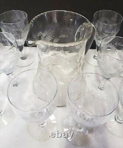 Vintage Glass Cornflower 12 Wine Goblets and Pitcher Smooth Stem Flower Leaves