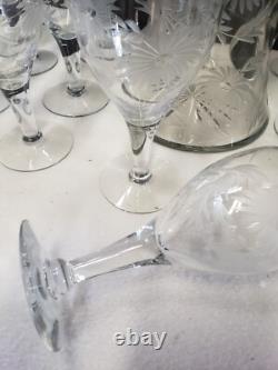 Vintage Glass Cornflower 12 Wine Goblets and Pitcher Smooth Stem Flower Leaves