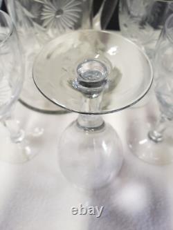 Vintage Glass Cornflower 12 Wine Goblets and Pitcher Smooth Stem Flower Leaves