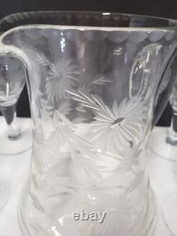 Vintage Glass Cornflower 12 Wine Goblets and Pitcher Smooth Stem Flower Leaves