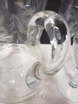 Vintage Glass Cornflower 12 Wine Goblets and Pitcher Smooth Stem Flower Leaves