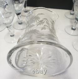 Vintage Glass Cornflower 12 Wine Goblets and Pitcher Smooth Stem Flower Leaves