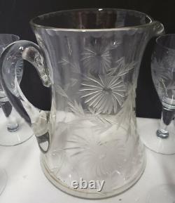 Vintage Glass Cornflower 12 Wine Goblets and Pitcher Smooth Stem Flower Leaves