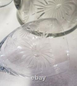 Vintage Glass Cornflower 12 Wine Goblets and Pitcher Smooth Stem Flower Leaves