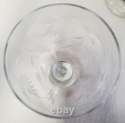 Vintage Glass Cornflower 12 Wine Goblets and Pitcher Smooth Stem Flower Leaves