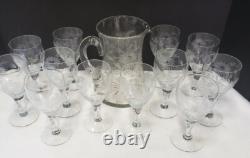 Vintage Glass Cornflower 12 Wine Goblets and Pitcher Smooth Stem Flower Leaves
