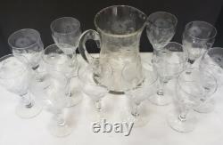 Vintage Glass Cornflower 12 Wine Goblets and Pitcher Smooth Stem Flower Leaves
