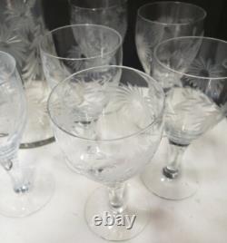 Vintage Glass Cornflower 12 Wine Goblets and Pitcher Smooth Stem Flower Leaves