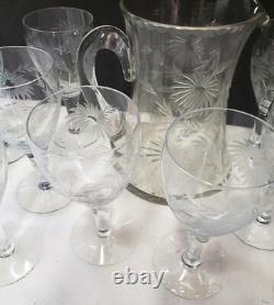 Vintage Glass Cornflower 12 Wine Goblets and Pitcher Smooth Stem Flower Leaves