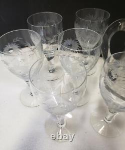 Vintage Glass Cornflower 12 Wine Goblets and Pitcher Smooth Stem Flower Leaves
