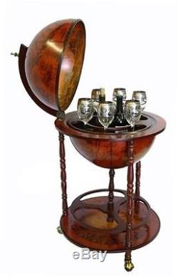 Vintage Globe Eucalyptus Bar Drinks Cabinet Wine Glass Bottle Rack Rolling Cart