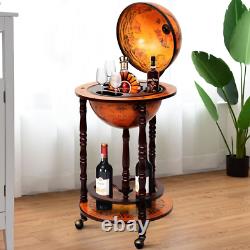 Vintage Globe Map Wine Bar Stand Rack Rolling Storage Cabinet Bottles Glasses