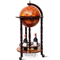 Vintage Globe Map Wine Bar Stand Rack Rolling Storage Cabinet Bottles Glasses