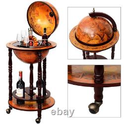 Vintage Globe Map Wine Bar Stand Rack Rolling Storage Cabinet Bottles Glasses