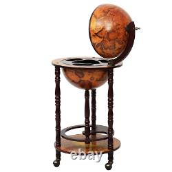 Vintage Globe Map Wine Bar Stand Rack Rolling Storage Cabinet Bottles Glasses