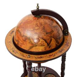 Vintage Globe Map Wine Bar Stand Rack Rolling Storage Cabinet Bottles Glasses