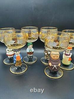 Vintage Goebel 6pc Figurine Wine Glasses West Germany Gold Gilt Signed Hummel