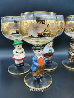 Vintage Goebel 6pc Figurine Wine Glasses West Germany Gold Gilt Signed Hummel