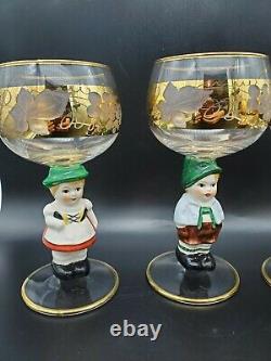 Vintage Goebel 6pc Figurine Wine Glasses West Germany Gold Gilt Signed Hummel